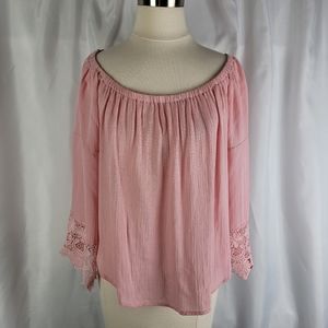 Love Tree Off Shoulder Pink Gauzy Cropped Floral Lace Bell Sleeve Top Size Large